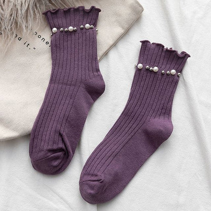 Plain Faux Pearl Beaded Short Socks SpreePicky