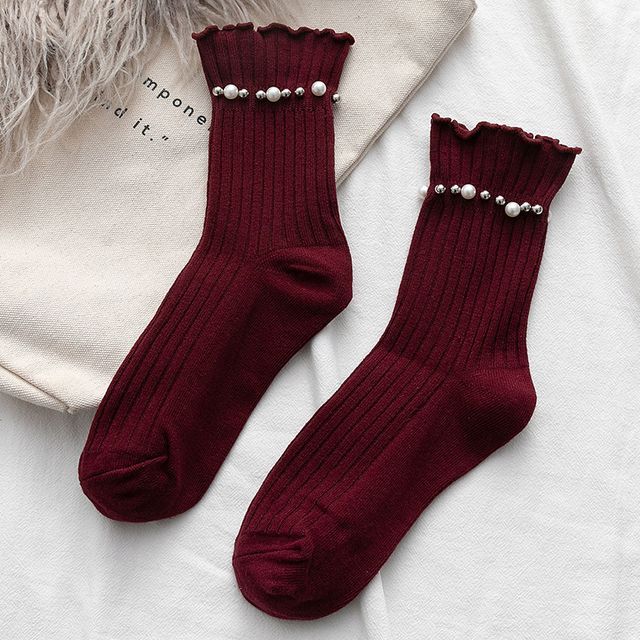 Plain Faux Pearl Beaded Short Socks SpreePicky