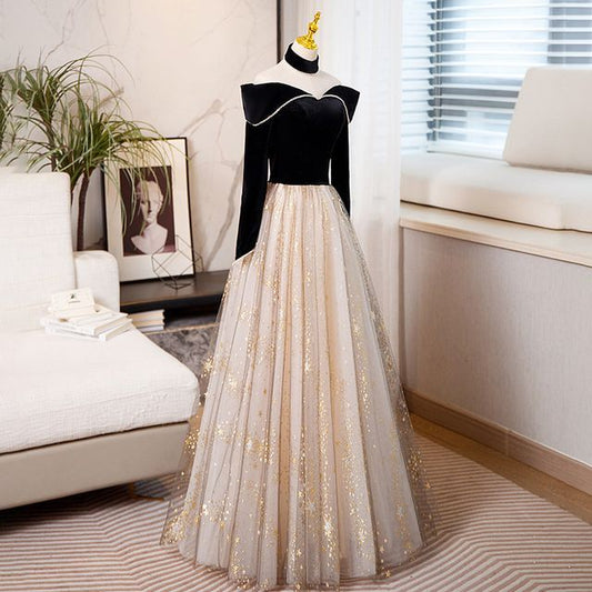 Long-Sleeve Off-Shoulder Two Tone Sequin A-Line Evening Gown SpreePicky