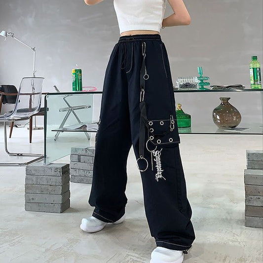 High Waist Lettering Embroidered Loose-Fit Wide-Leg Cargo Pants SpreePicky