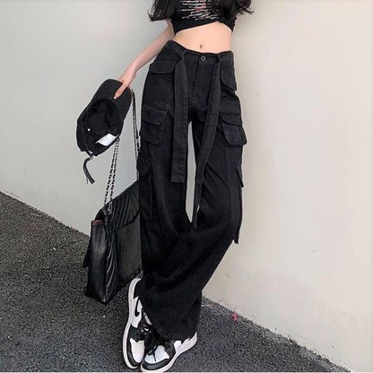 Low Waist Straight-Fit Wide-Leg Cargo Pants SpreePicky