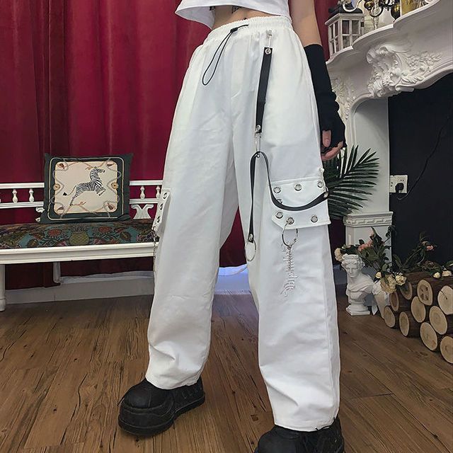 High Waist Lettering Embroidered Loose-Fit Wide-Leg Cargo Pants SpreePicky