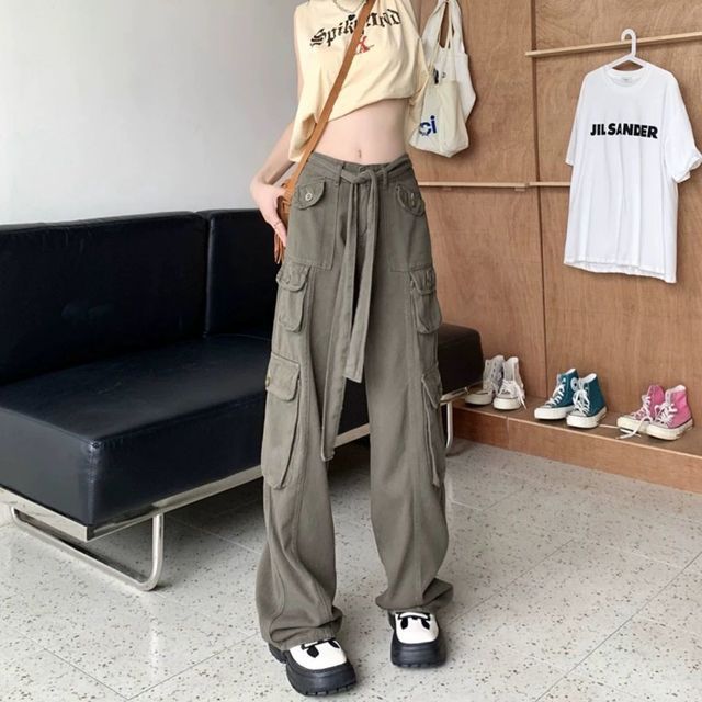 Low Waist Straight-Fit Wide-Leg Cargo Pants SpreePicky