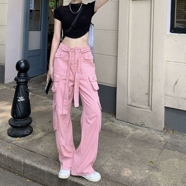 Low Waist Straight-Fit Wide-Leg Cargo Pants SpreePicky