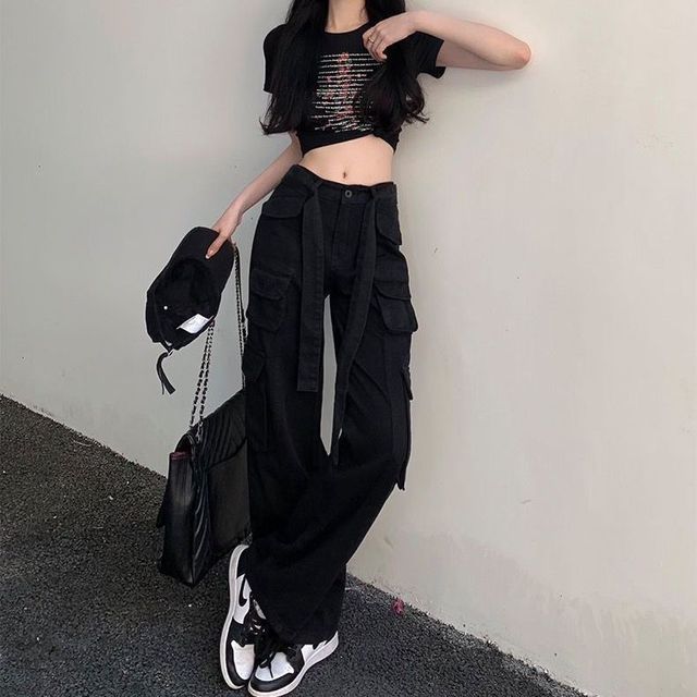 Low Waist Straight-Fit Wide-Leg Cargo Pants SpreePicky