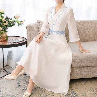 3/4-Sleeve V-Neck Floral Embroidered Tasseled Midi A-Line Dress SpreePicky