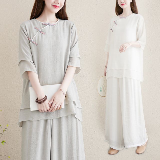 Set: 3/4-Sleeve Plain Frog Buttoned Cheongsam Top + High Rise Plain Wide Leg Pants SpreePicky