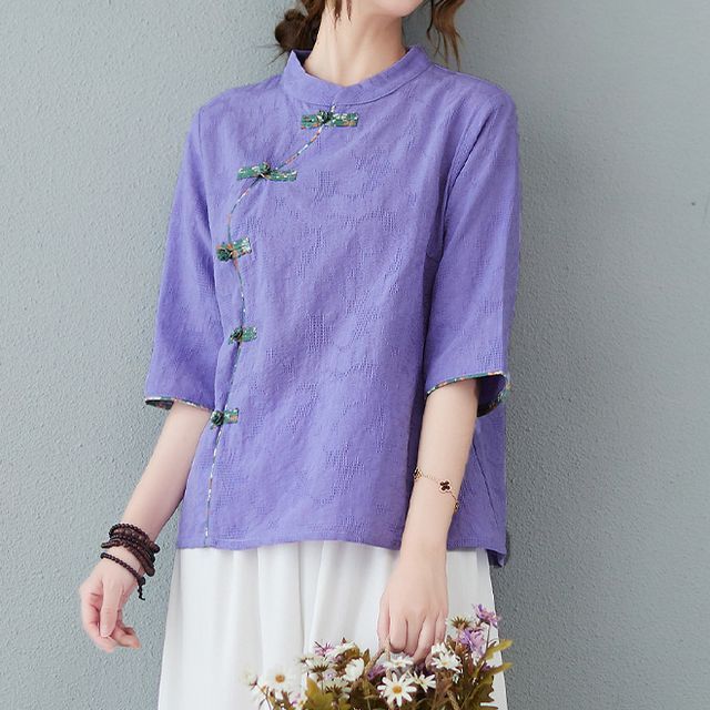 Short-Sleeve Frog Buttoned Plain Cheongsam Top SpreePicky