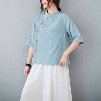 Short-Sleeve Frog Buttoned Plain Cheongsam Top SpreePicky