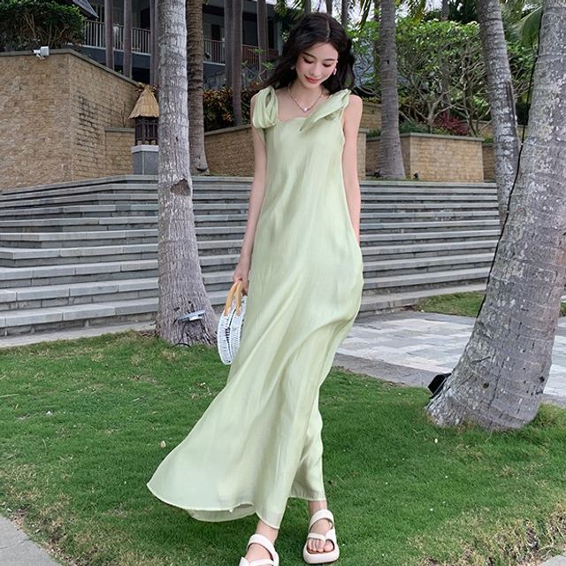 Sleeveless Square Neck Plain Maxi Dress SpreePicky