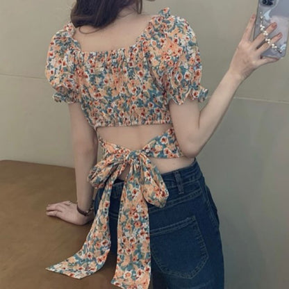 Puff-Sleeve Square-Neck Floral Print Ruffled Bow Back Crop Blouse SpreePicky