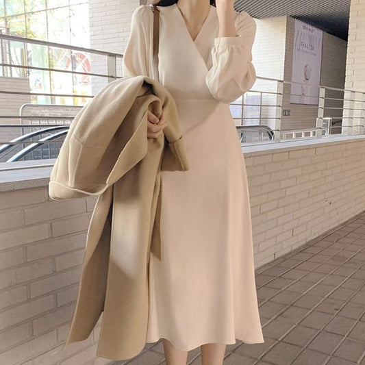 Long-Sleeve V-Neck Wrap Plain Midi Dress mySite