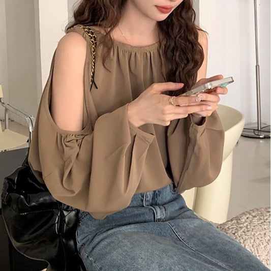 Long-Sleeve Cold Shoulder Plain Gathered Top mySite