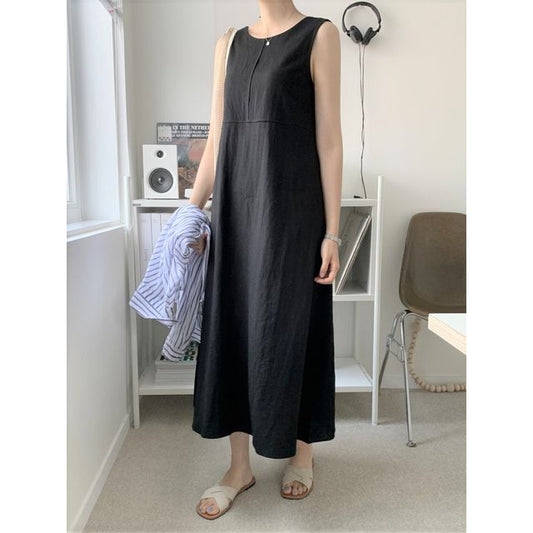 Sleeveless Round Neck Plain Midi A-Line Dress mySite