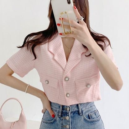 Short-Sleeve Lapel Collar Button Blazer SpreePicky