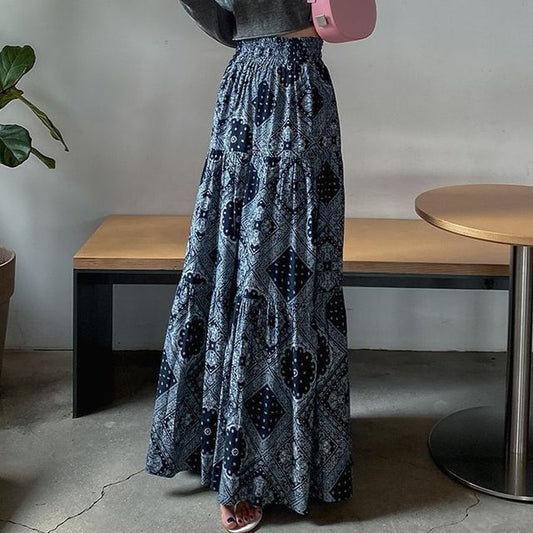 Elastic Waist Patterned Maxi A-Line Skirt SpreePicky