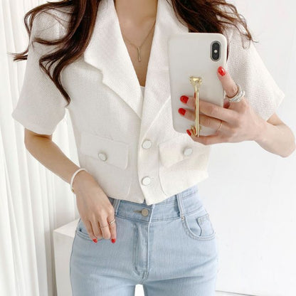 Short-Sleeve Lapel Collar Button Blazer SpreePicky