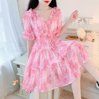 Elbow-Sleeve V-Neck Floral Print Frill Tiered Button A-Line Dress mySite