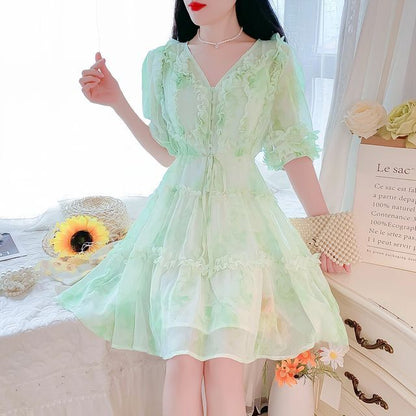 Elbow-Sleeve V-Neck Floral Print Frill Tiered Button A-Line Dress mySite