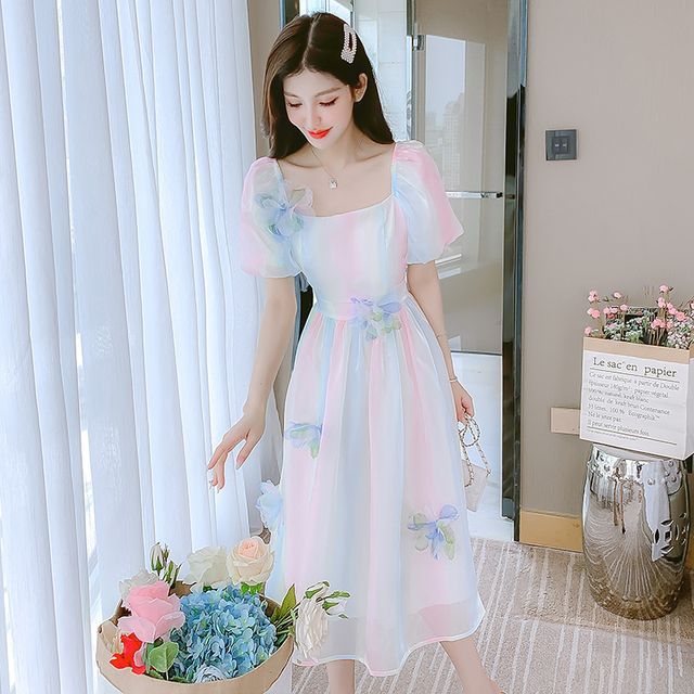 Puff Sleeve Square Neck Gradient Flower Detail A-Line Dress (Various Designs) mySite