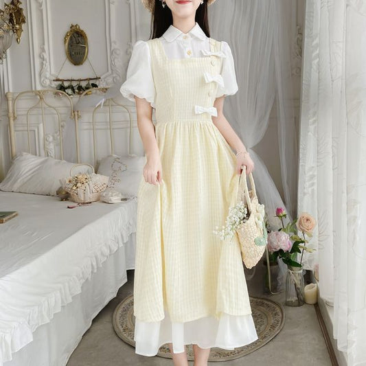 Puff Sleeve Collared Bow Mock Two Piece Midi A-Line Dress mySite