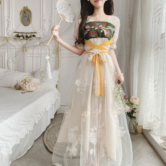 Short-Sleeve Embroidered Panel Mesh Hanfu Dress mySite