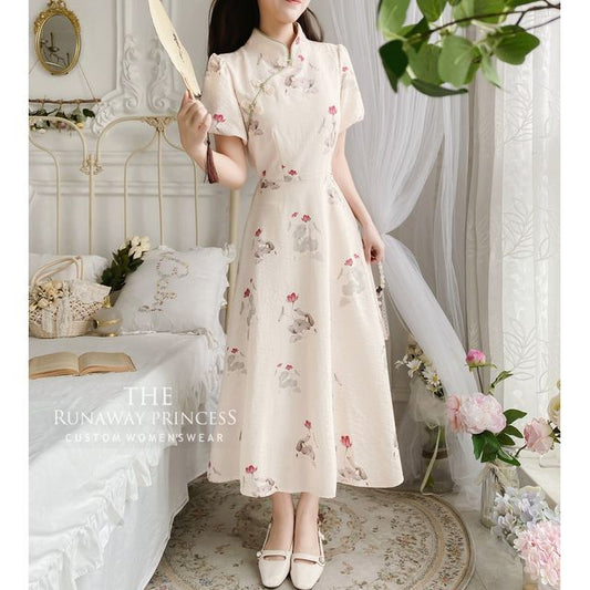 Puff Sleeve Mandarin Collar Floral Print Midi A-Line Dress mySite