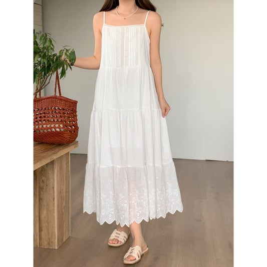 Spaghetti Strap Plain Eyelet Lace Tiered Midi A-Line Dress mySite