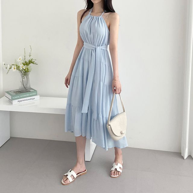 Halter Plain Tiered Midi A-Line Sundress mySite