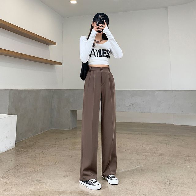 High Rise Plain Wide Leg Suit Pants SpreePicky