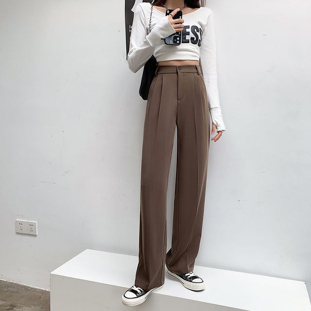 High Rise Plain Wide Leg Suit Pants SpreePicky