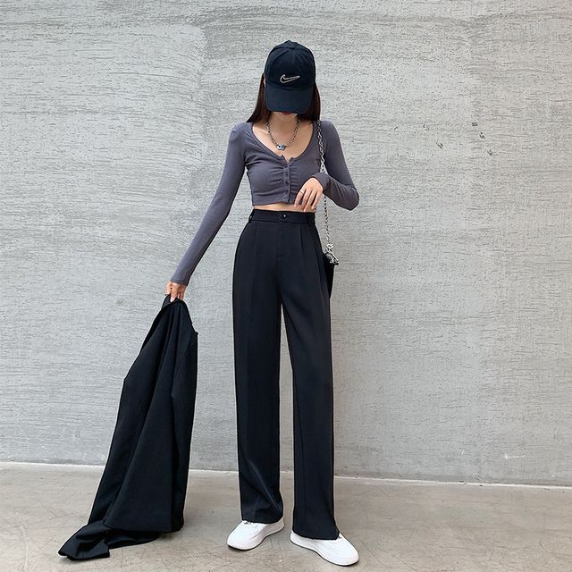 High Rise Plain Wide Leg Suit Pants SpreePicky