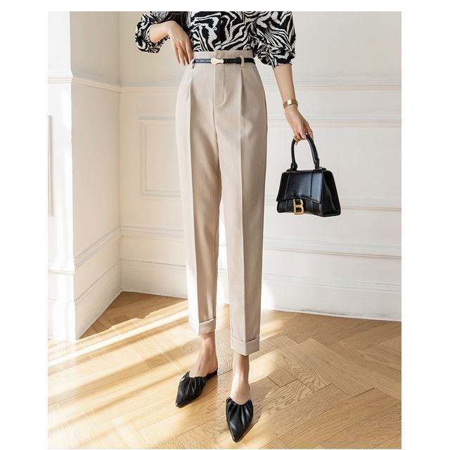 High Rise Plain Cropped Tapered Slacks SpreePicky