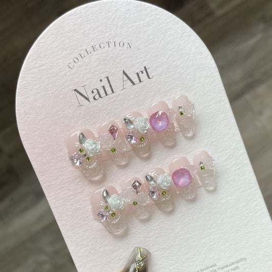 Floral Faux Crystal Faux Nail Tips SpreePicky