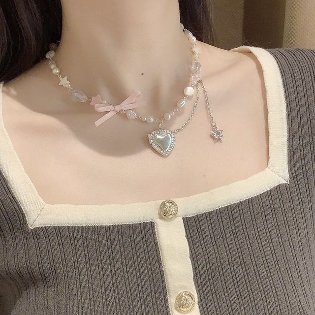 Heart Pendant Bow Faux Pearl Necklace mySite