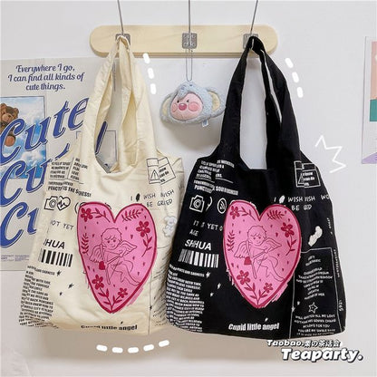 Lettering Cartoon Print Shopper Bag / Bag Charm / Set SpreePicky