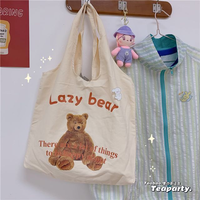 Lettering Cartoon Print Shopper Bag / Bag Charm / Set SpreePicky