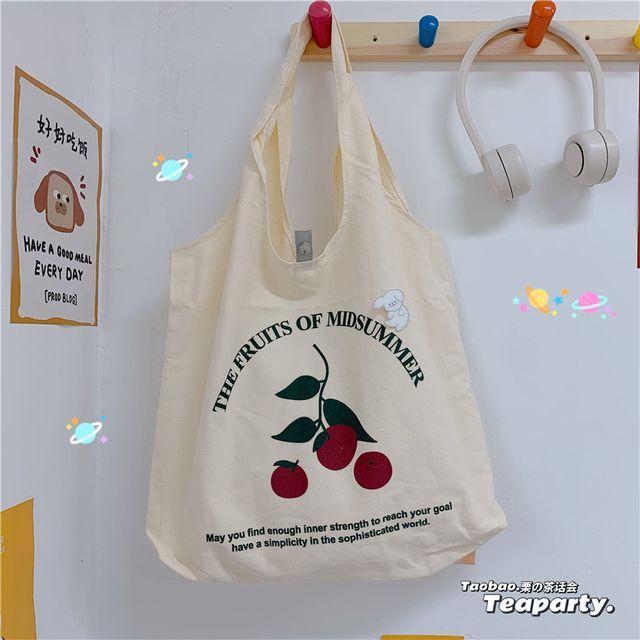 Lettering Cartoon Print Shopper Bag / Bag Charm / Set SpreePicky