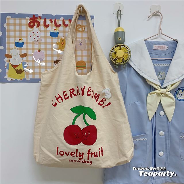 Lettering Cartoon Print Shopper Bag / Bag Charm / Set SpreePicky