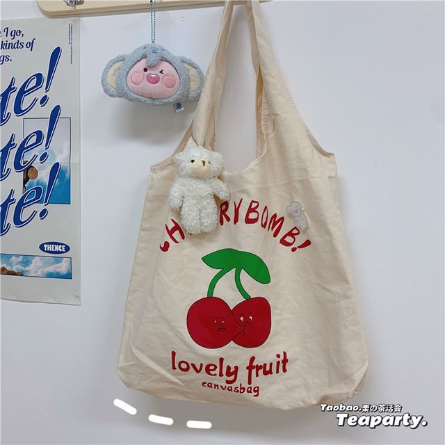 Lettering Cartoon Print Shopper Bag / Bag Charm / Set SpreePicky