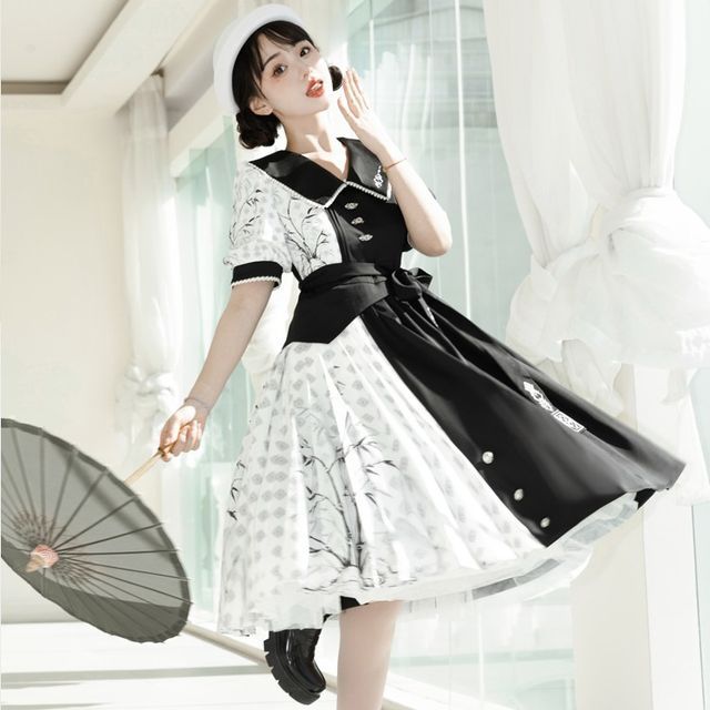 Lolita Short-Sleeve Collared Two Tone Pleated A-Line Dress mySite