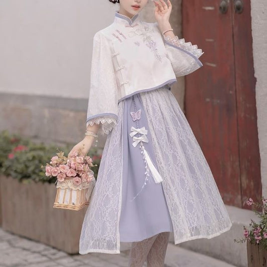 Lolita 3/4-Sleeve Qipao Top / High Rise Overlay Midi A-Line Skirt / Set mySite