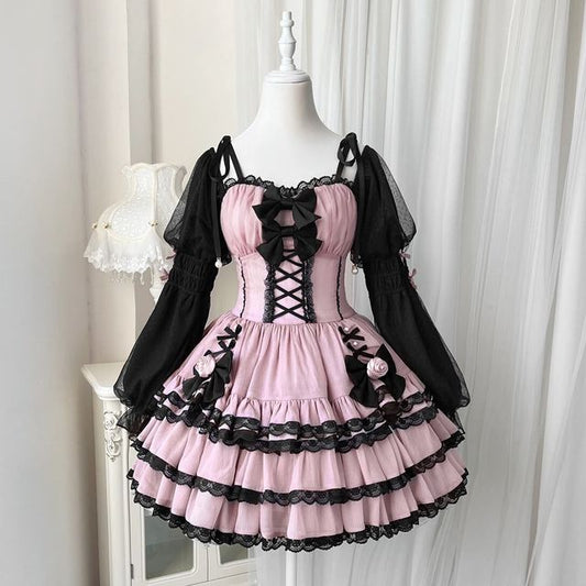 Lolita Long-Sleeve Lace-Up Waist Tiered A-Line Dress mySite