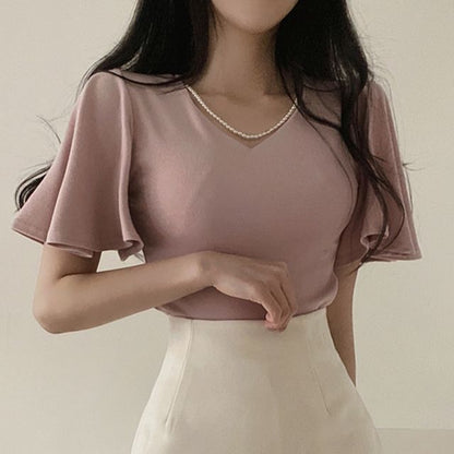 Flare-Sleeve V-Neck Plain Blouse SpreePicky