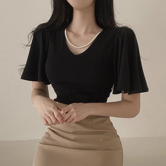 Flare-Sleeve V-Neck Plain Blouse SpreePicky