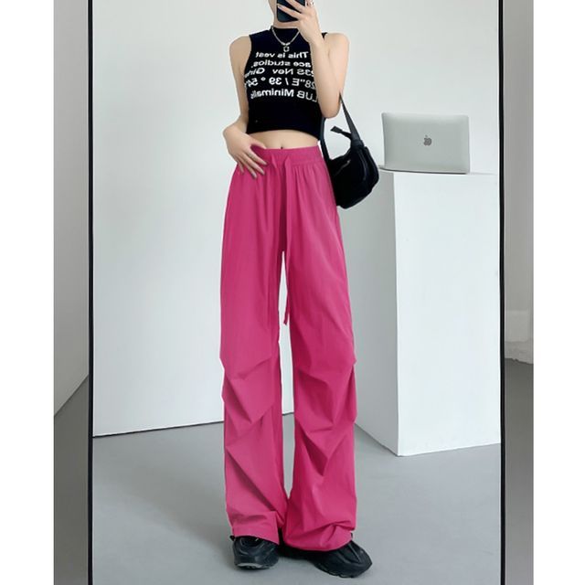 Plain Wide Leg High Waist Parachute Cargo Pants SpreePicky