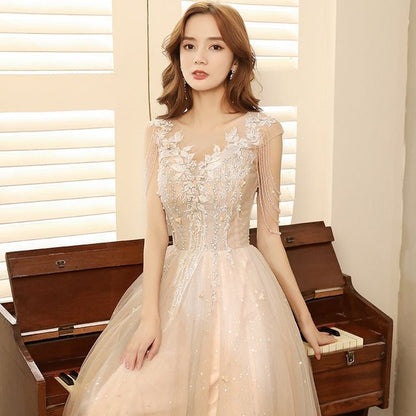 Short-Sleeve V-Neck Lace A-Line Evening Gown SpreePicky