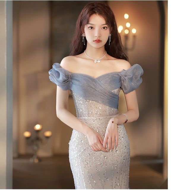 Off Shoulder Mesh Trained A-Line Evening Gown SpreePicky