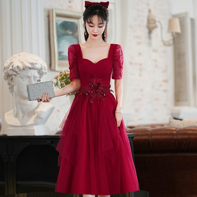 Short-Sleeve Sweetheart Neckline Mesh A-Line Evening Gown / Dress SpreePicky