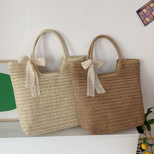 Lace Bow Woven Tote Bag mySite